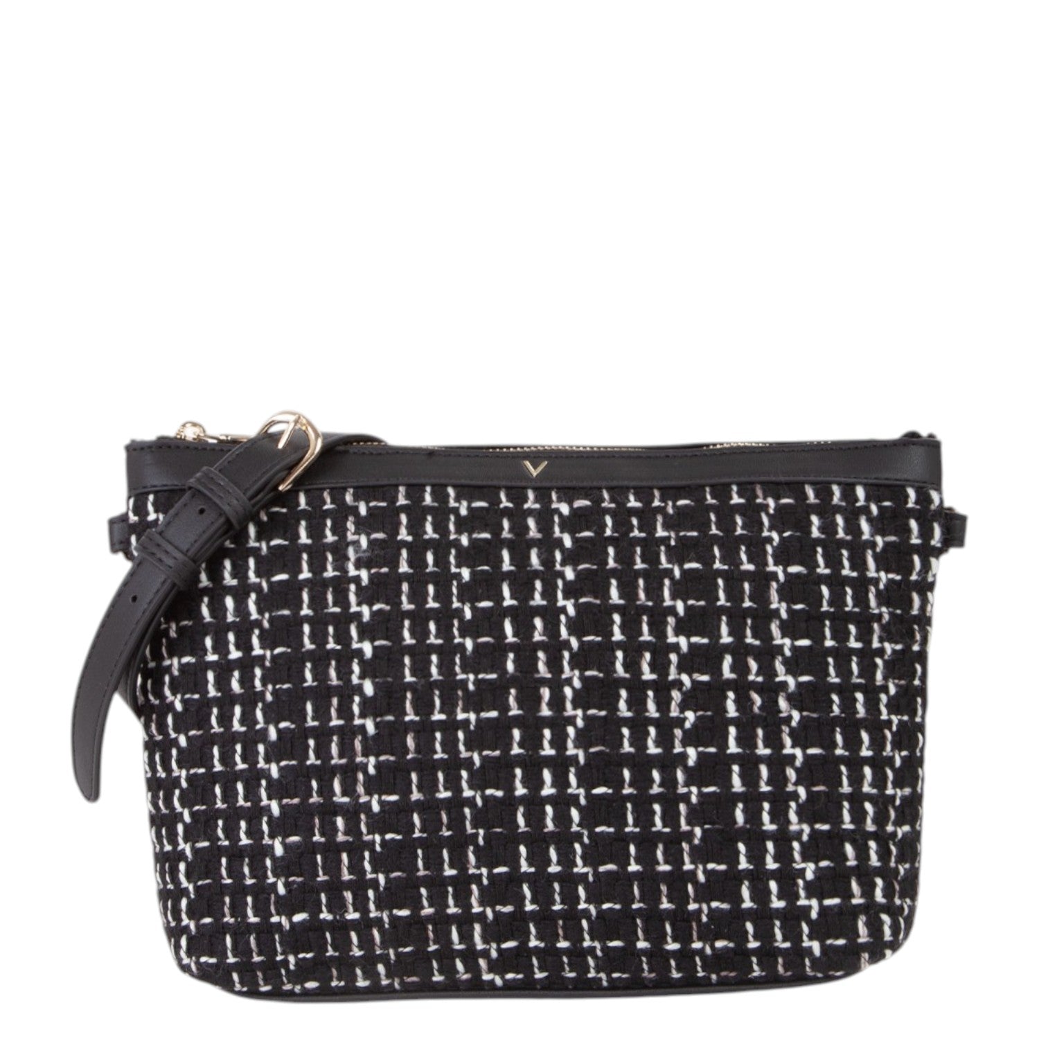 Lieblingstasche black and white tweed shopping bag with leather strap and gold hardware.
