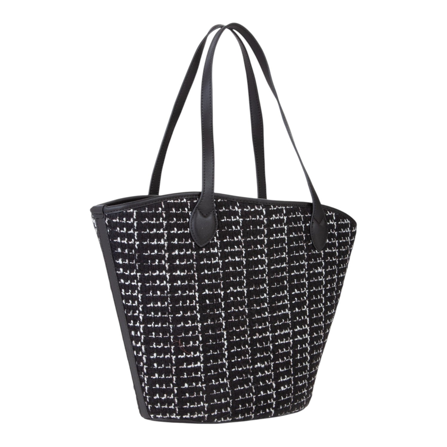 Lieblingstasche black and white tweed tote bag with black leather straps and trim.