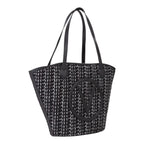Lieblingstasche black and white tweed tote bag with leather handles and circular V logo detail.