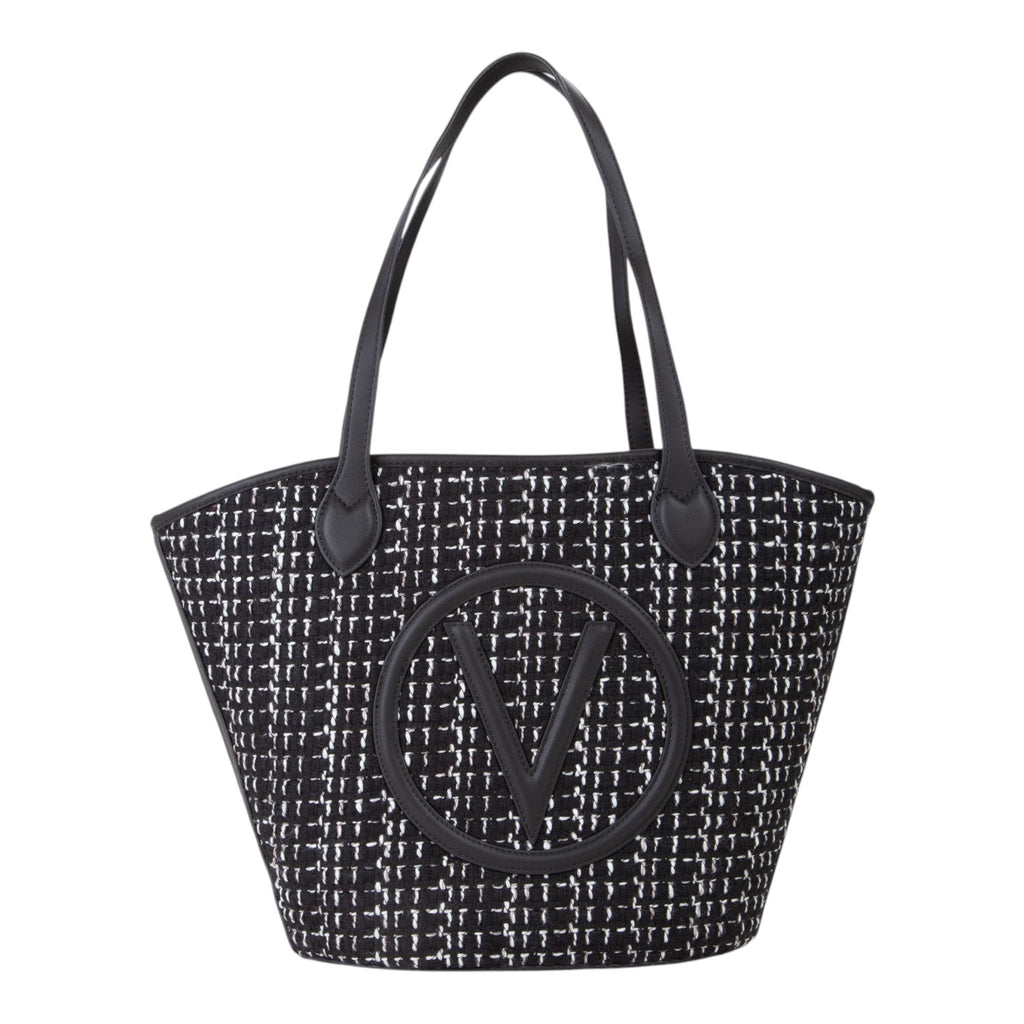 Lieblingstasche black and white tweed tote bag with leather trim and V logo detail.