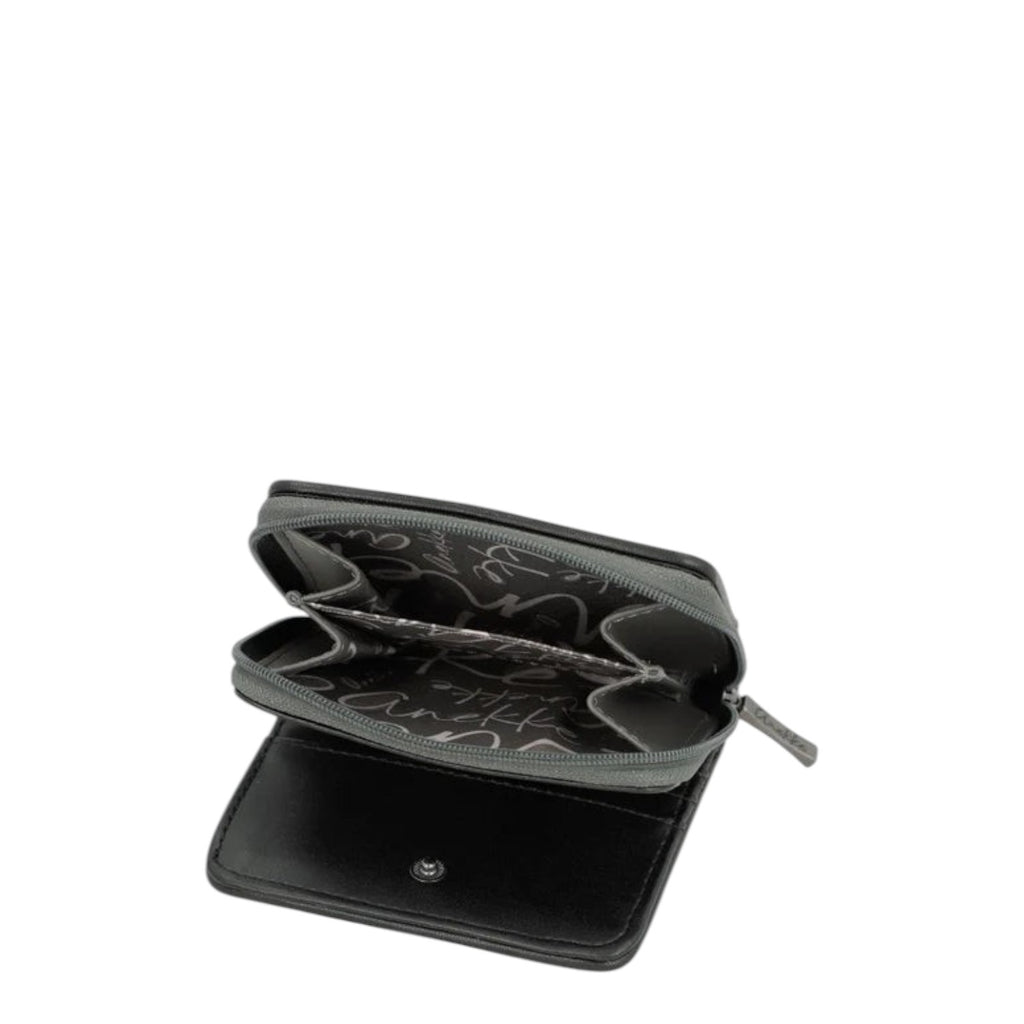 Lieblingstasche black wallet with a grey zippered compartment and patterned interior lining