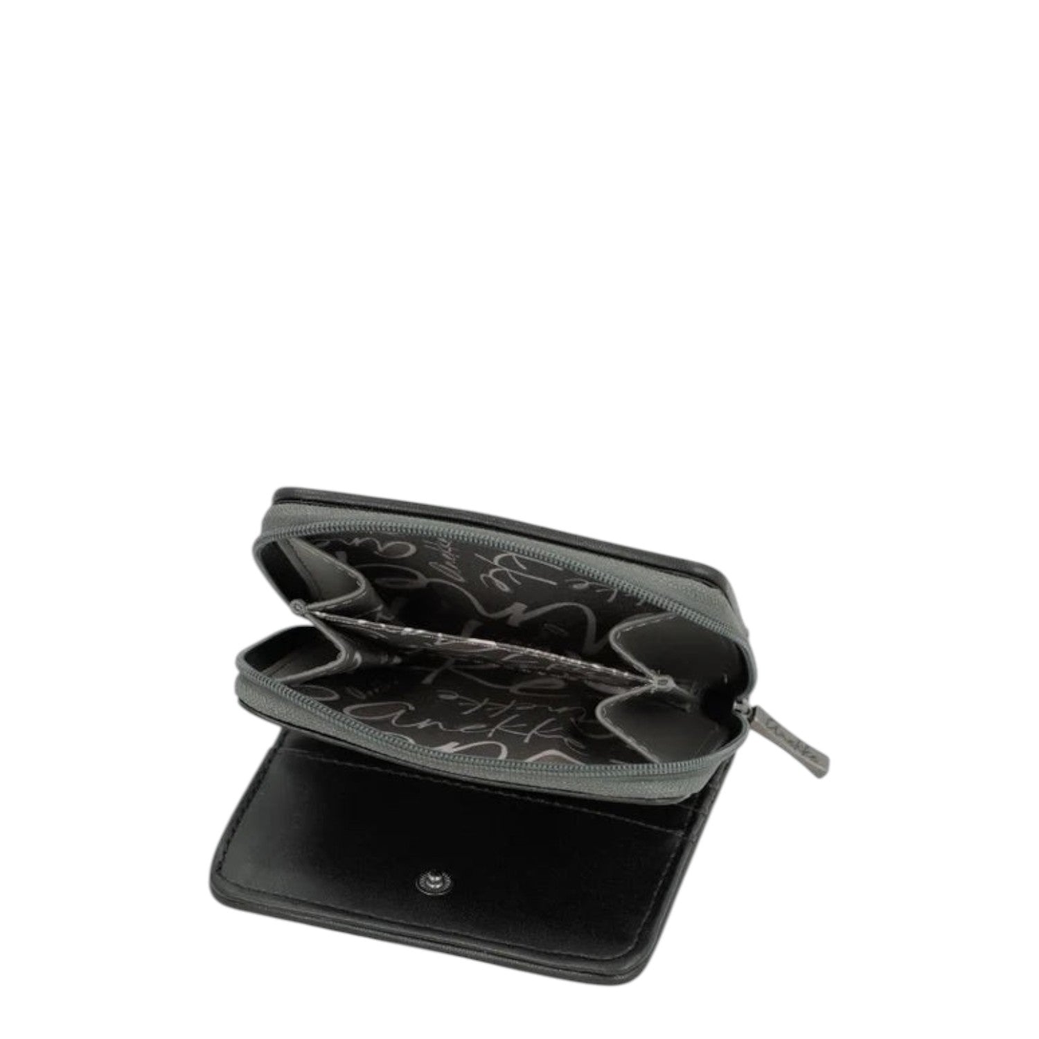 Lieblingstasche black wallet with a grey zippered compartment and patterned interior lining