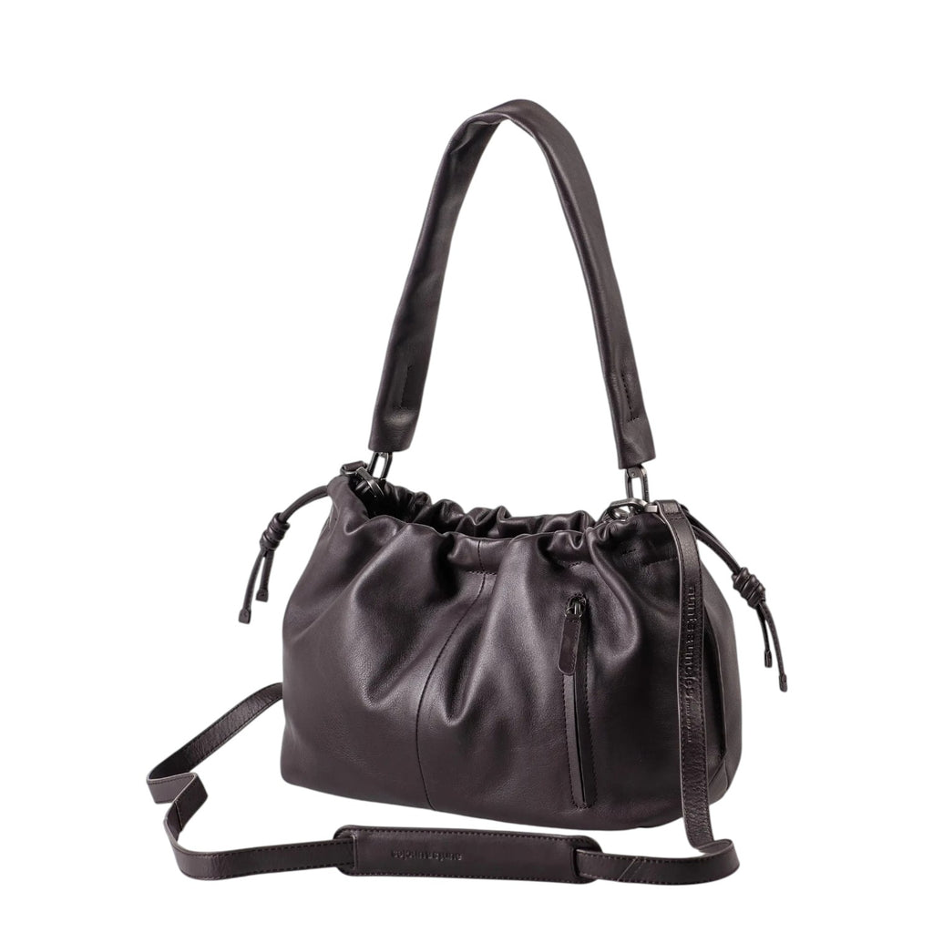 Lieblingstasche Bloom dark brown leather hobo bag with a gathered drawstring top and adjustable shoulder strap