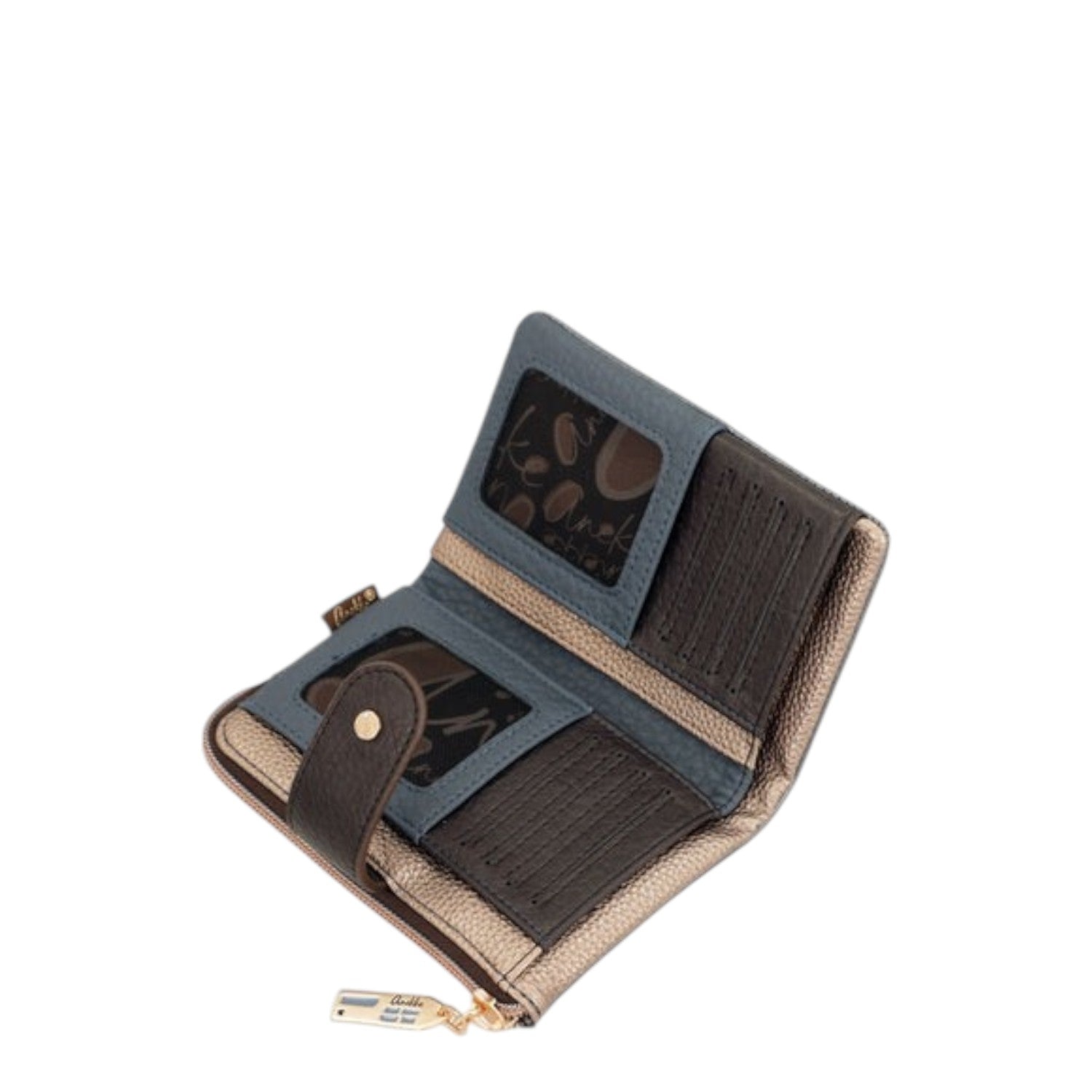 Lieblingstasche bi-fold wallet in blue and metallic bronze with multiple card slots and a clear ID window