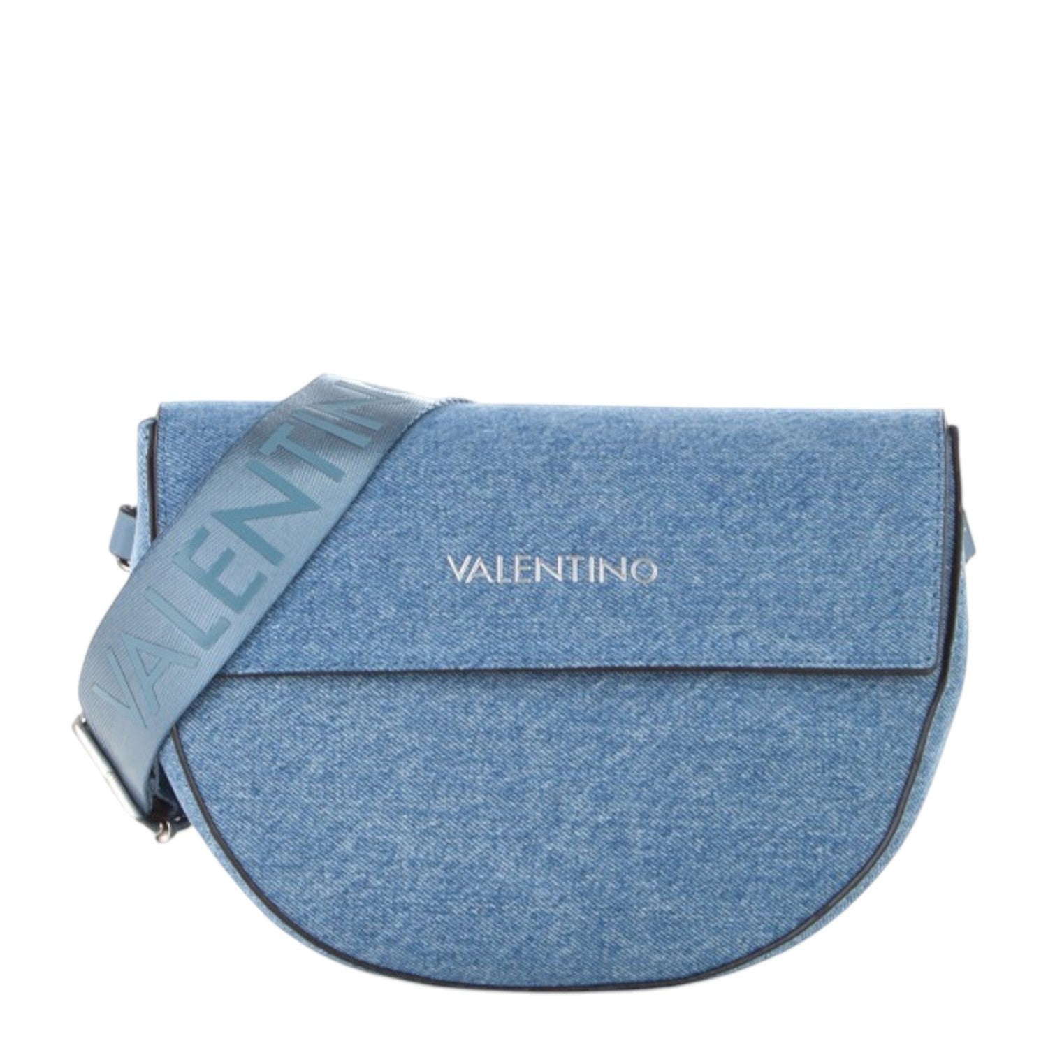 Lieblingstasche blue denim flap bag with adjustable VALENTINO logo strap.