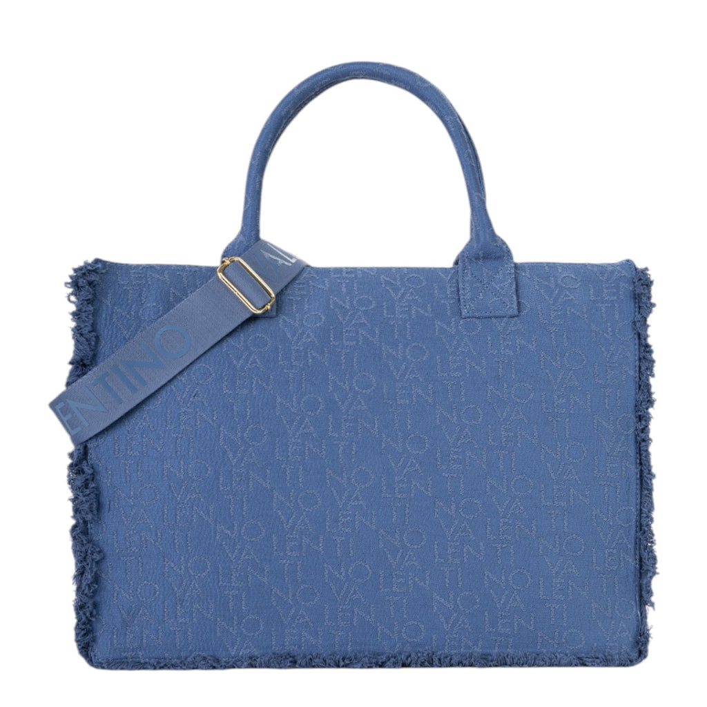 Lieblingstasche blue denim tote bag with all-over logo print and frayed edges. Includes adjustable strap.