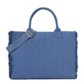 Lieblingstasche blue denim tote bag with all-over logo print and frayed edges. Includes adjustable strap.