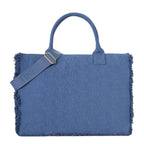 Lieblingstasche blue denim tote bag with all-over logo print and frayed edges. Includes adjustable strap.
