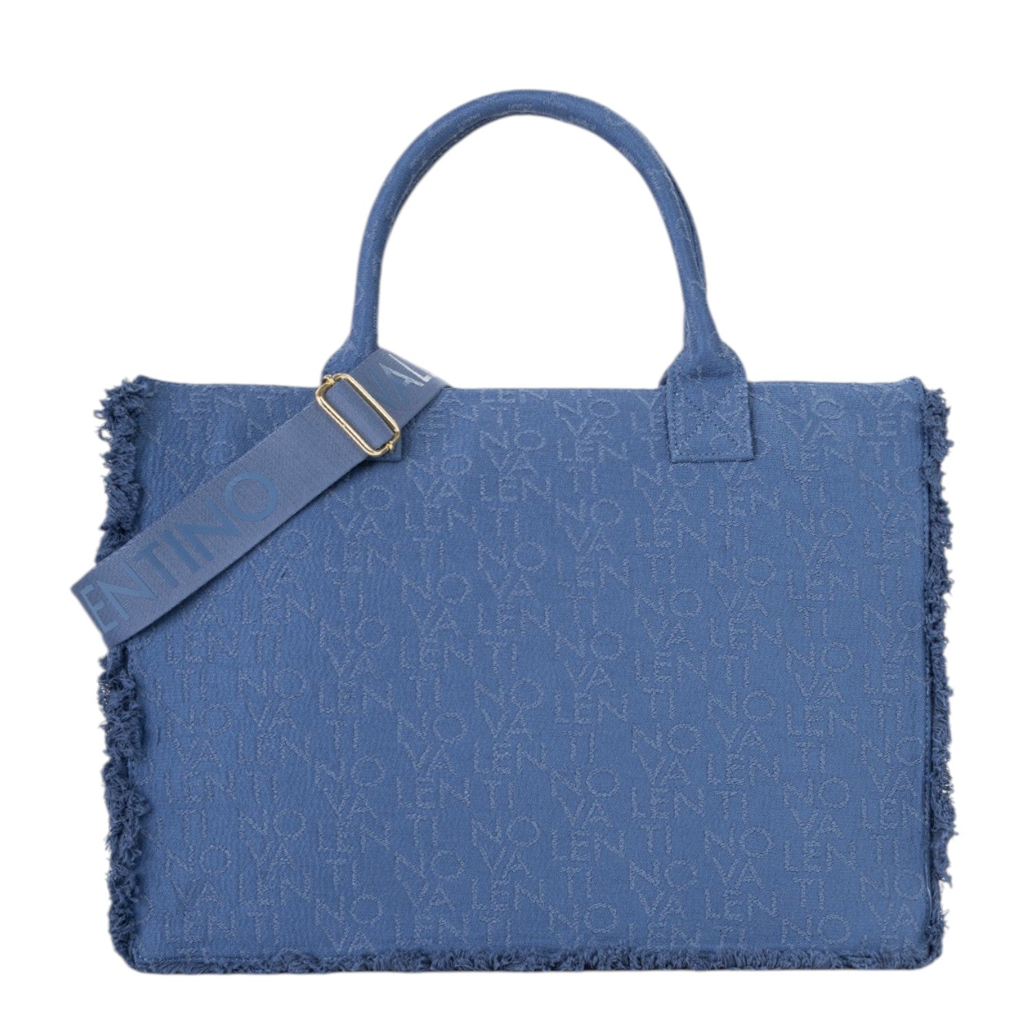 Lieblingstasche blue denim tote bag with all-over logo print and frayed edges. Includes adjustable strap.