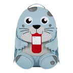 Lieblingstasche blue seal backpack with cute face, red tongue, and name tag. Features padded straps and zippered pockets.
