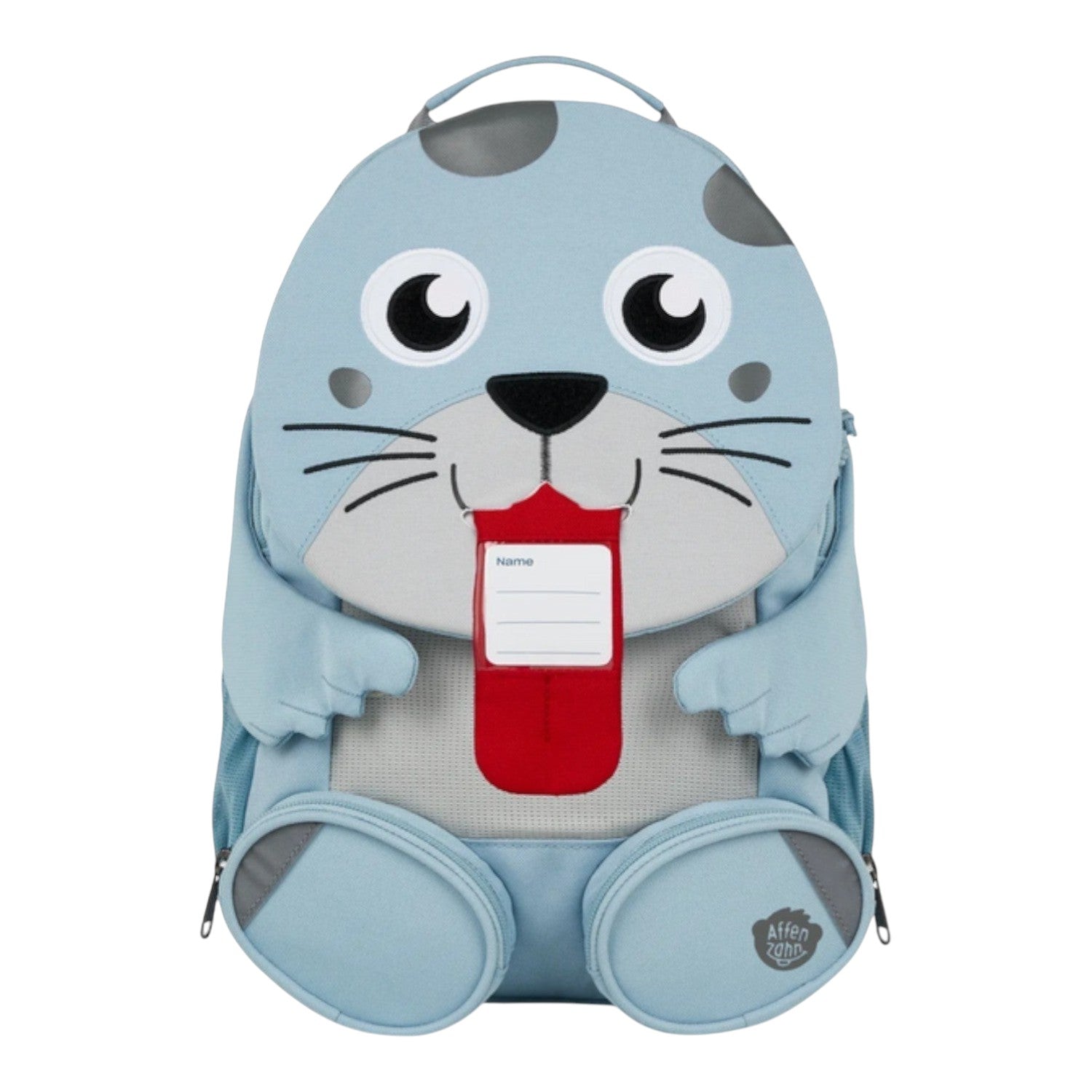 Lieblingstasche blue seal backpack with cute face, red tongue, and name tag. Features padded straps and zippered pockets.