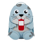 Lieblingstasche blue seal backpack with cute face, red tongue, and name tag. Features padded straps and zippered pockets.