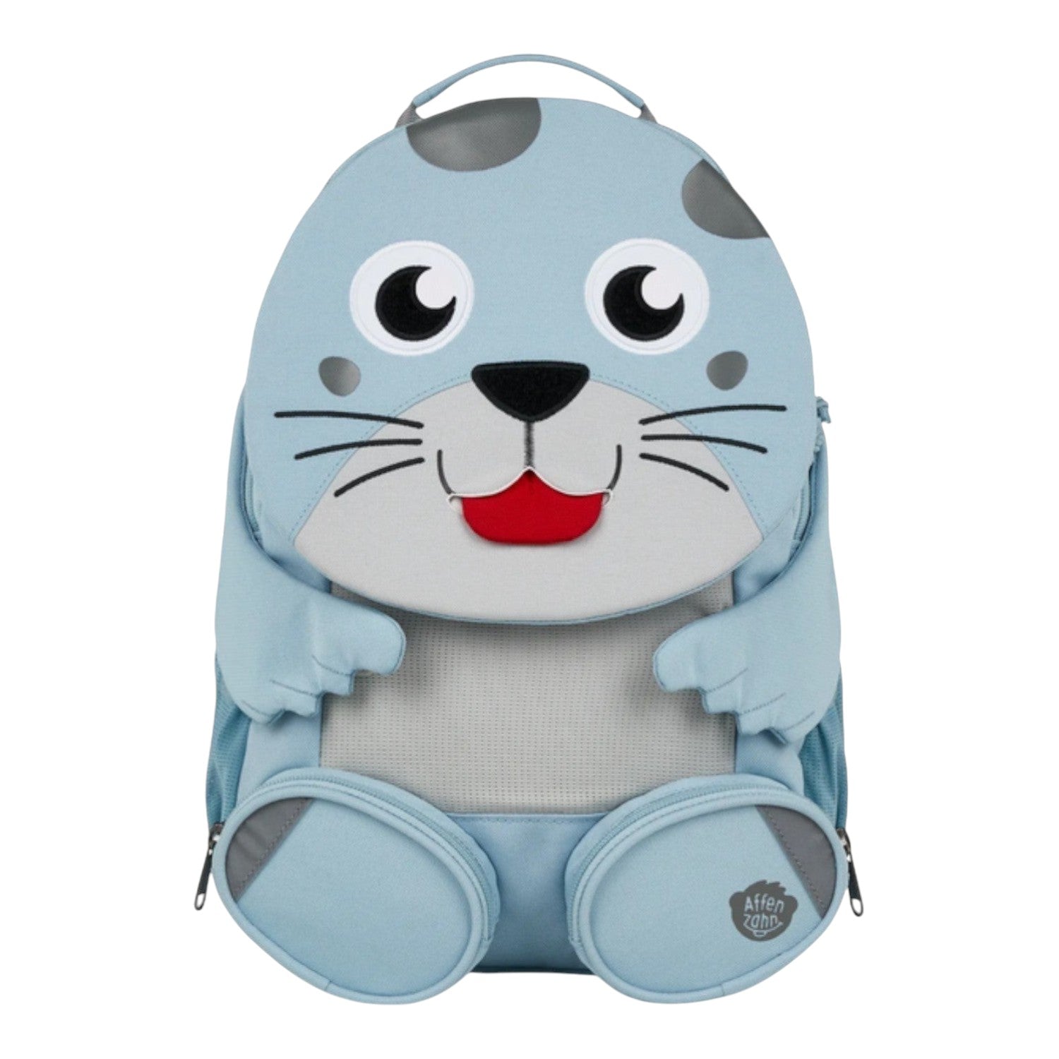 Lieblingstasche blue seal backpack with grey spots, mesh back panel, and two zippered pockets.