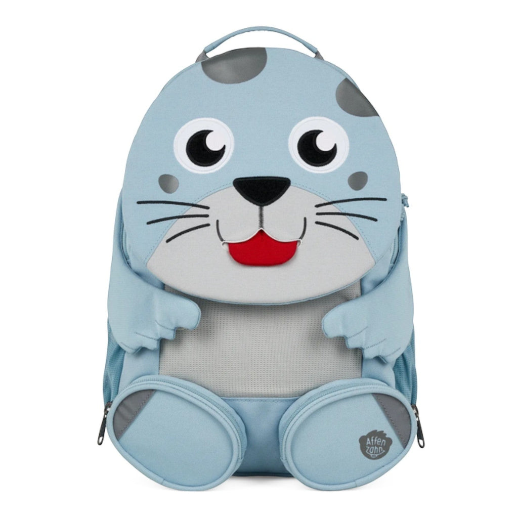 Lieblingstasche blue seal backpack with grey spots, mesh back panel, and two zippered pockets.