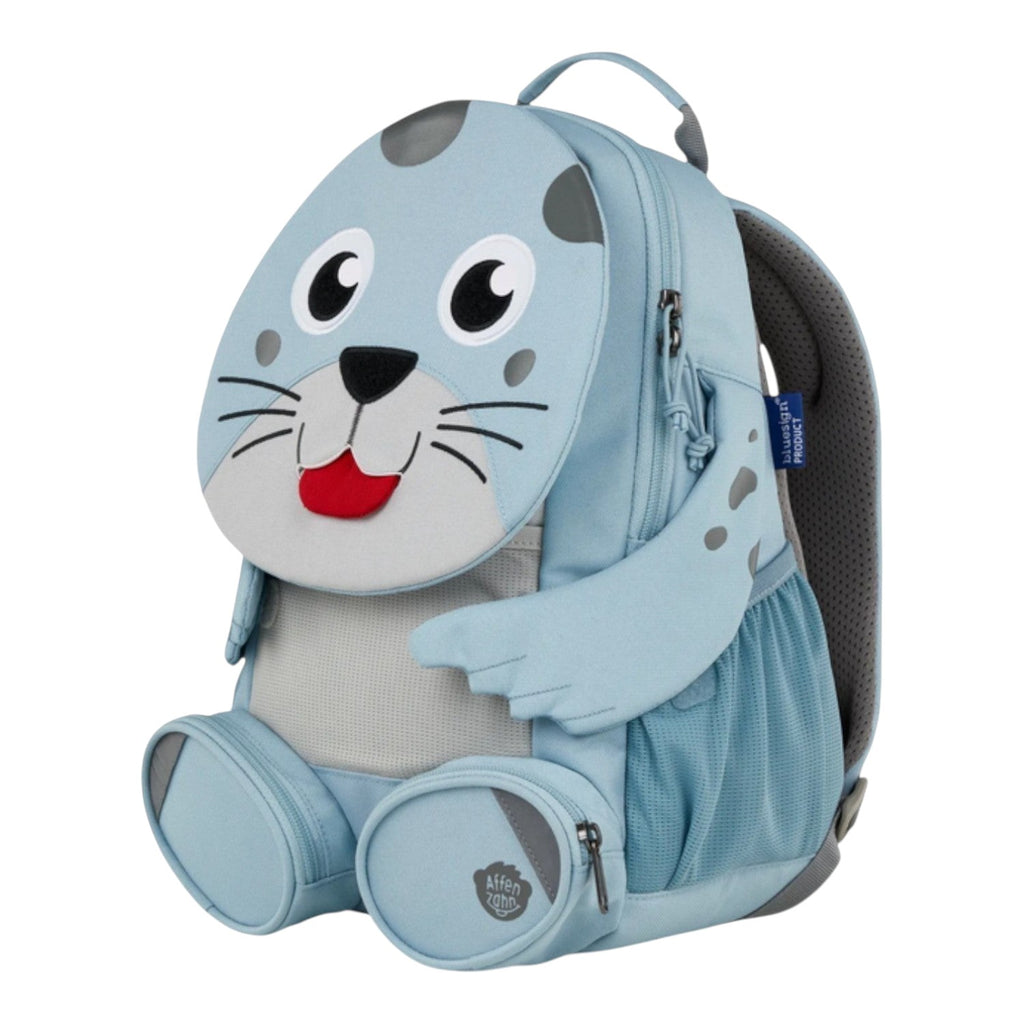 Lieblingstasche light blue seal-shaped backpack for kids with cute face, ears, and flippers.