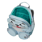 Lieblingstasche light blue seal-shaped backpack for kids with cute face and teal interior. Features two side zip pockets.