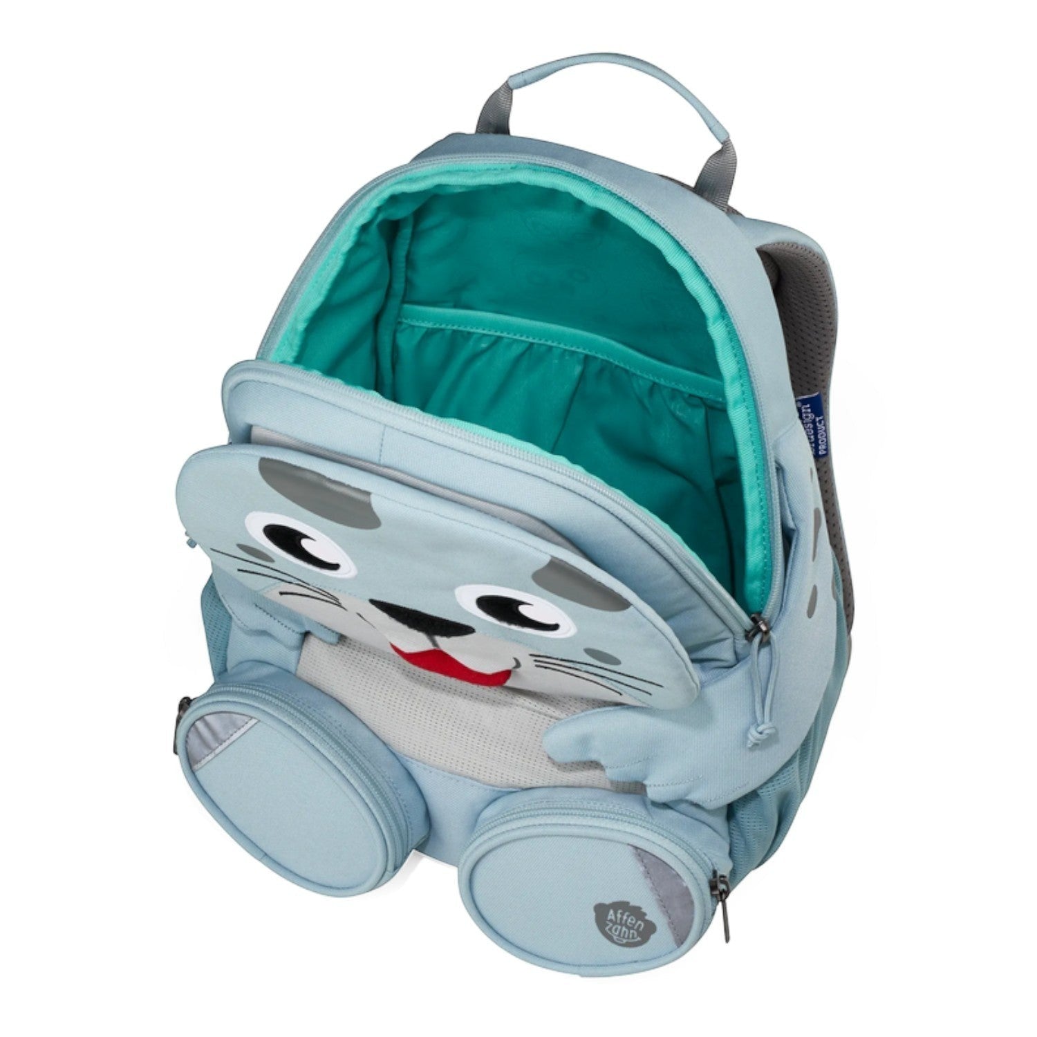 Lieblingstasche light blue seal-shaped backpack for kids with cute face and teal interior. Features two side zip pockets.