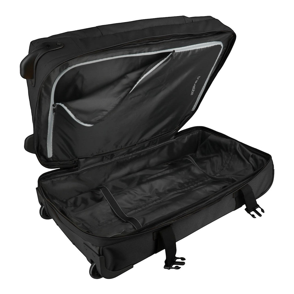 Lieblingstasche BOLONIA L black wheeled travel bag, open to show spacious interior with internal pockets and straps.