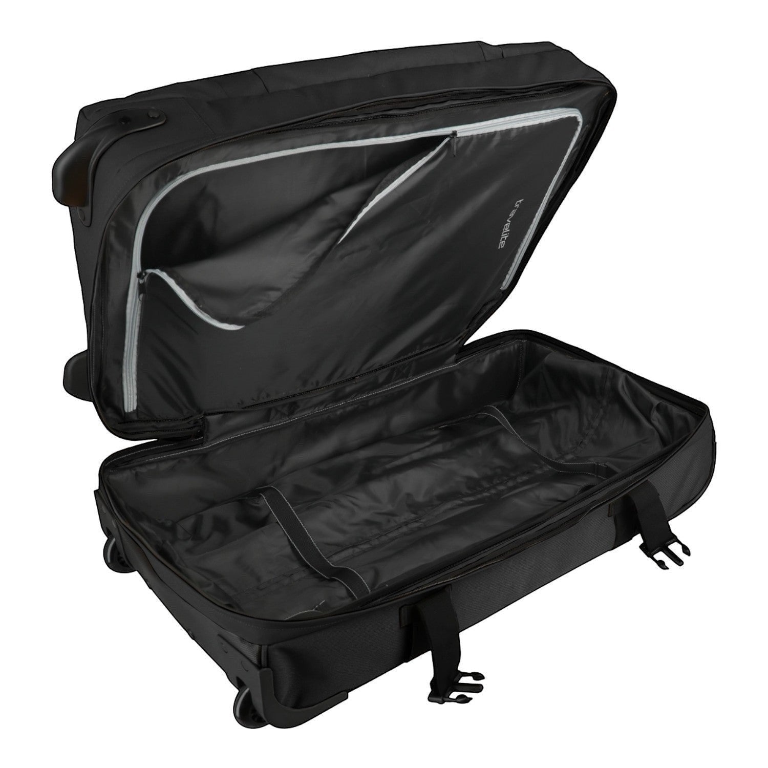 Lieblingstasche BOLONIA L black wheeled travel bag, open to show spacious interior with internal pockets and straps.