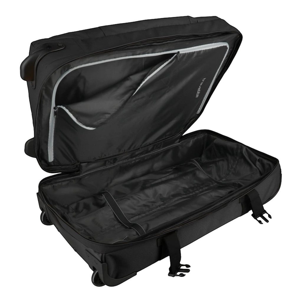 Lieblingstasche BOLONIA S black wheeled travel bag, open with interior compartments and straps.