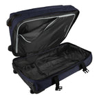 Lieblingstasche BOLONIA S navy blue wheeled travel bag, open to show spacious interior with zippered pocket and compression straps.