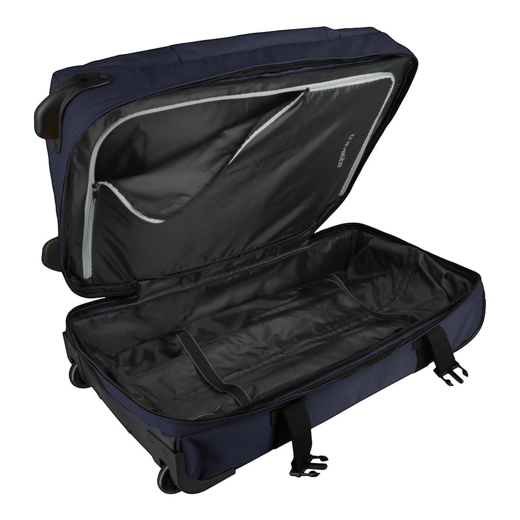Lieblingstasche BOLONIA L navy blue wheeled travel bag, open to show spacious interior with straps and zippered pocket.