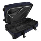 Lieblingstasche BOLONIA L navy blue wheeled travel bag, open to show spacious interior with straps and zippered pocket.