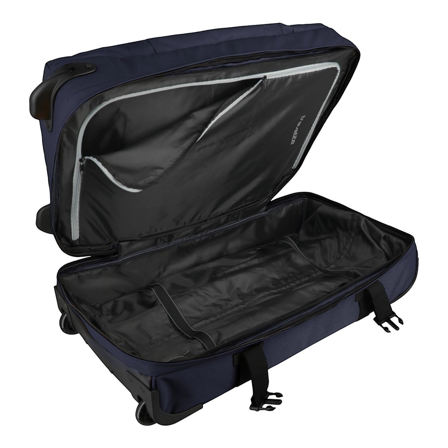 Lieblingstasche BOLONIA L navy blue wheeled travel bag, open to show spacious interior with straps and zippered pocket.