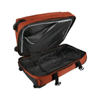 Lieblingstasche BOLONIA Rollenreisetasche S in burnt orange, open with black interior and compartments.