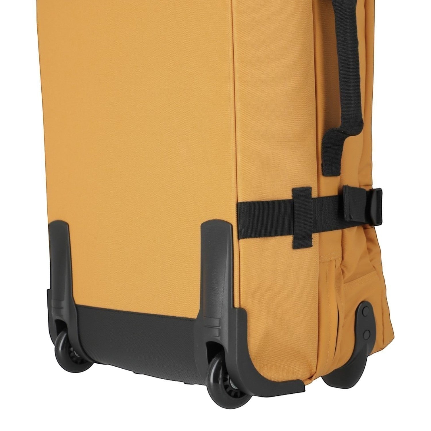 Lieblingstasche BOLONIA S rolling travel bag in mustard yellow fabric with black wheels and straps.