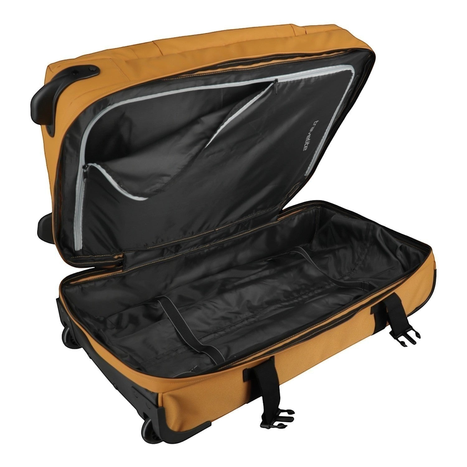 Lieblingstasche BOLONIA L mustard yellow wheeled travel bag, open to show spacious interior with black lining and zippered pockets.
