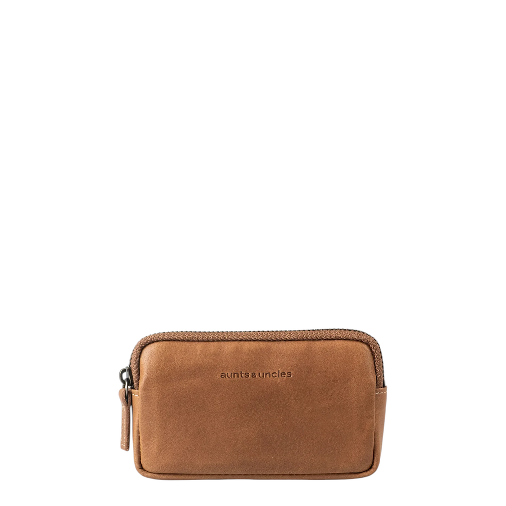 Lieblingstasche Brice small brown leather zip pouch with aunts & uncles logo embossed on the front