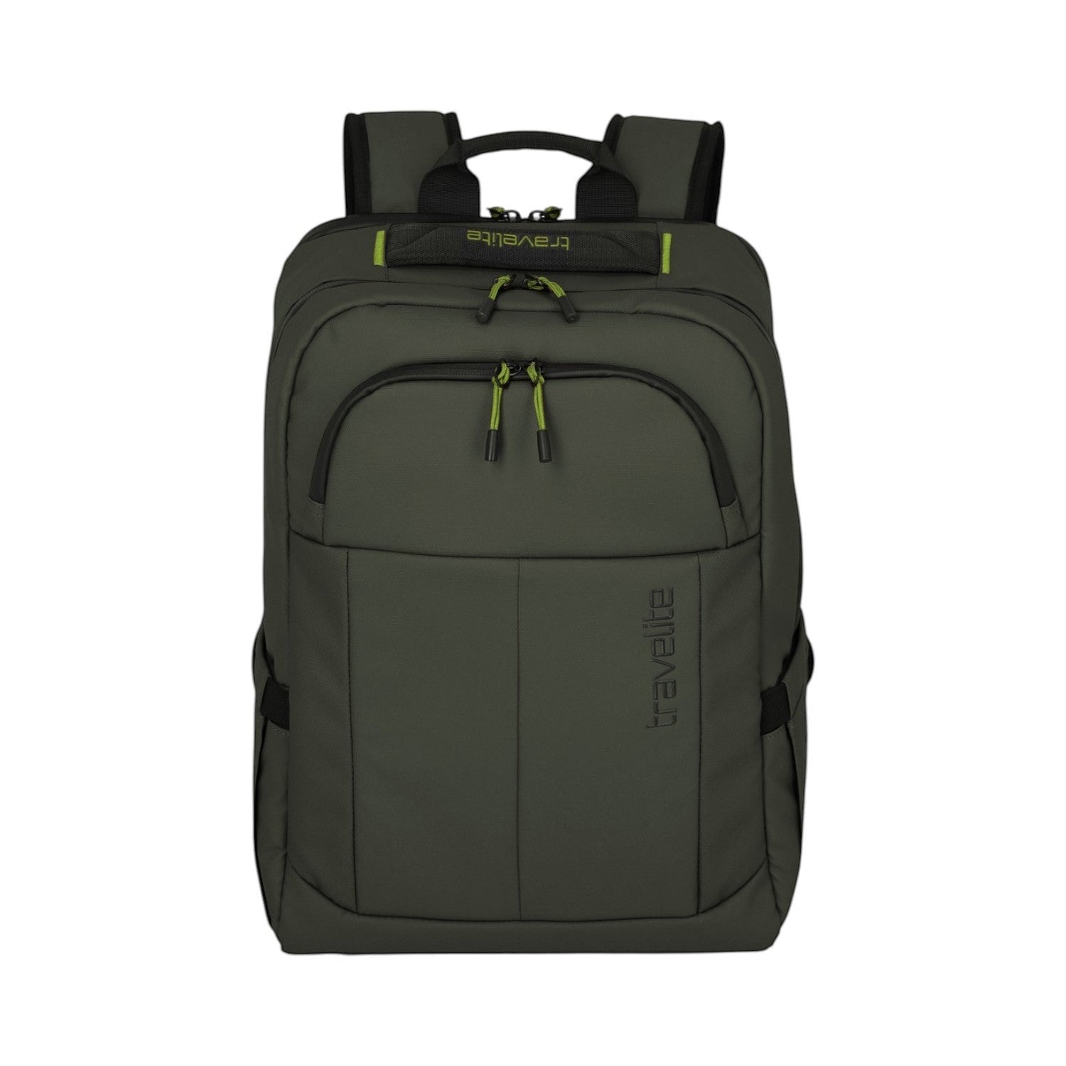 Lieblingstasche Briize Backpack M in dark green, durable polyester, with multiple compartments and lime green zipper accents.