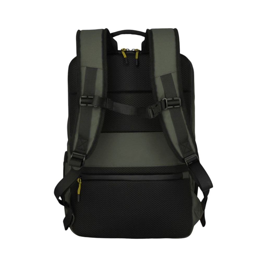 Lieblingstasche Briize Backpack M in dark green and black with padded straps and mesh back panel.