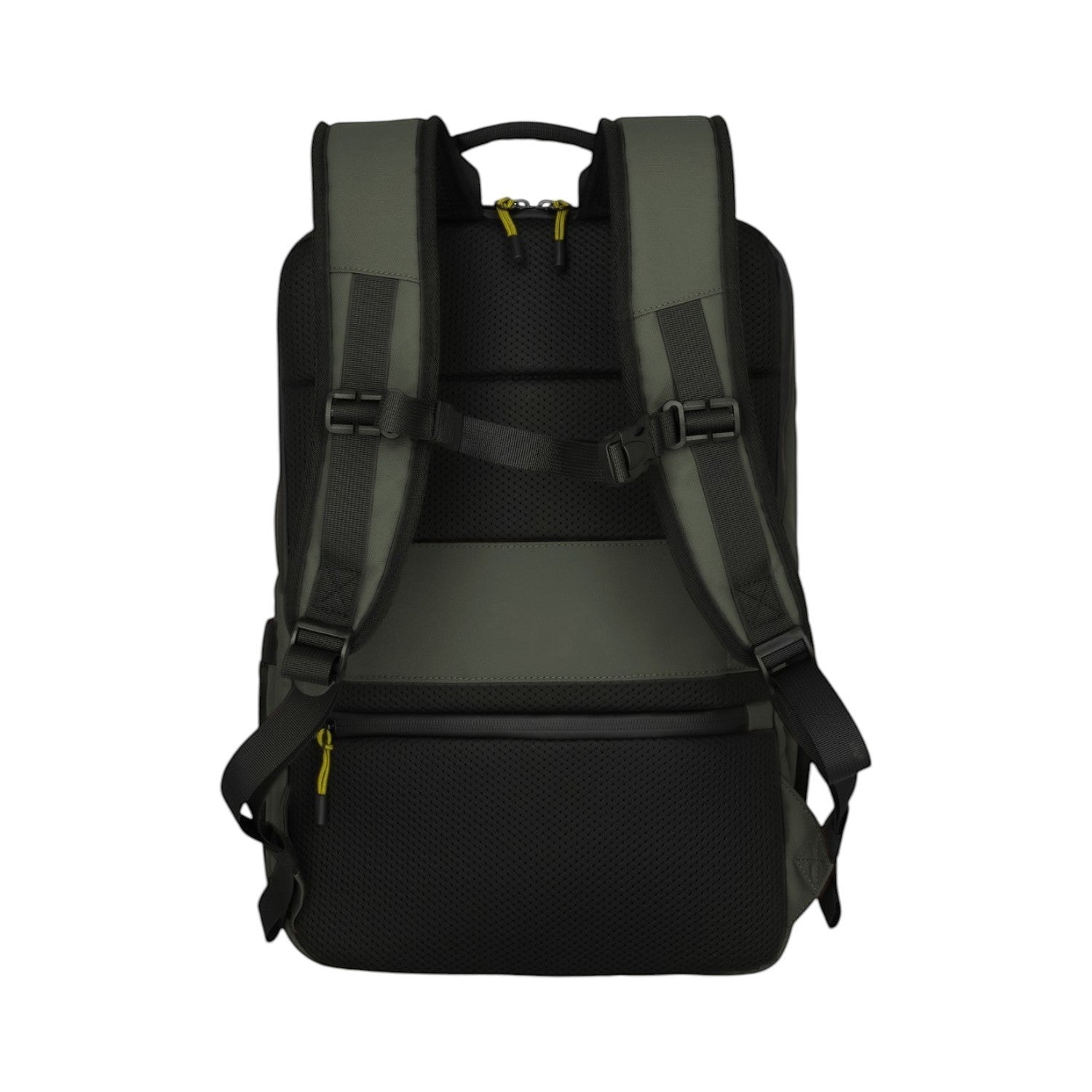Lieblingstasche Briize Backpack M in dark green and black with padded straps and mesh back panel.