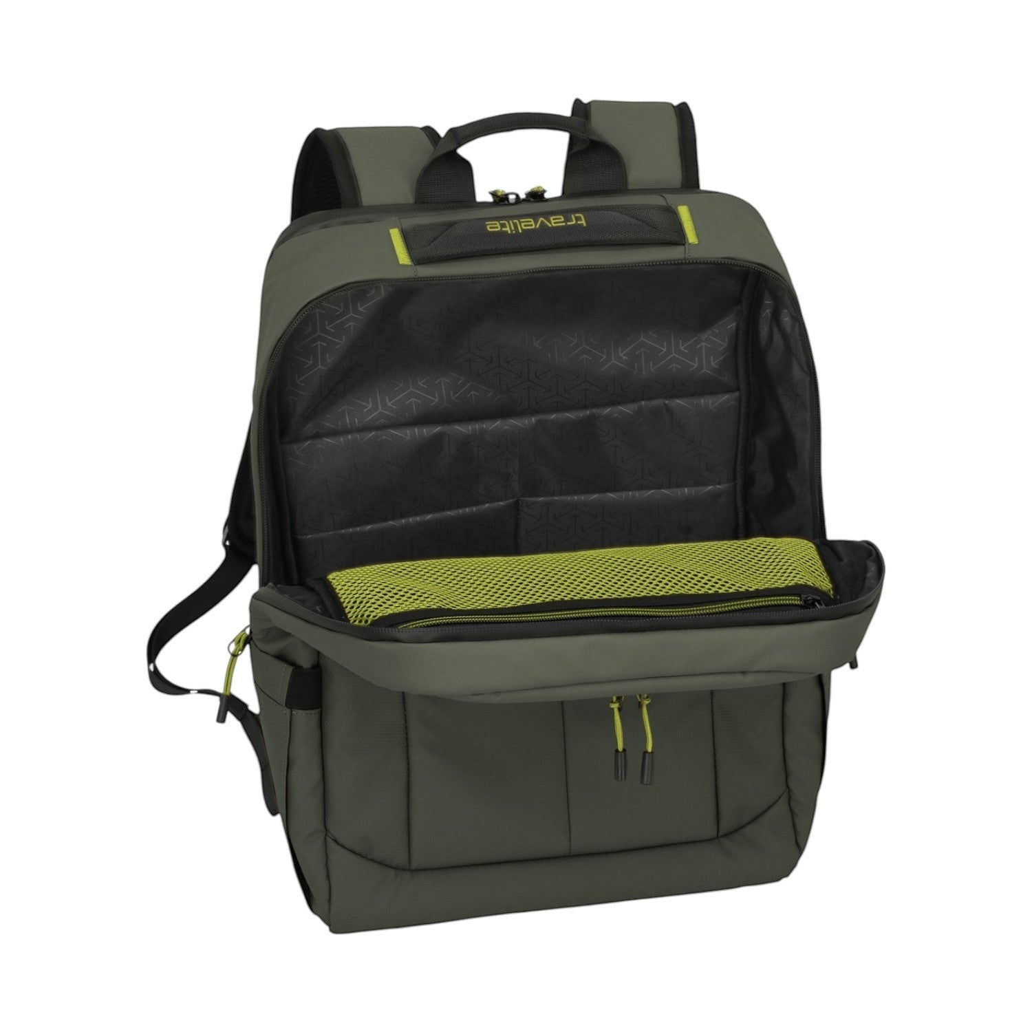 Lieblingstasche Briize Backpack M in olive green with black interior and lime green mesh pocket. Features padded straps and multiple compartments.