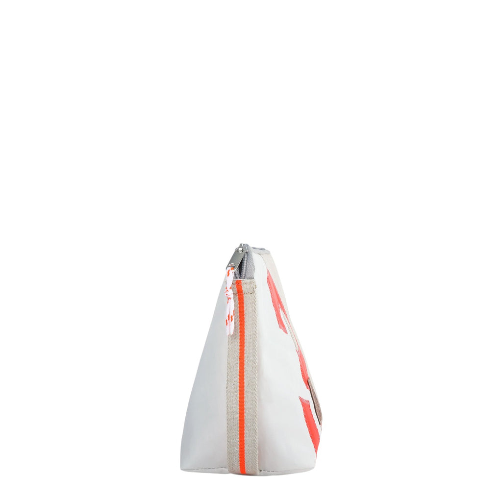 Lieblingstasche Brise white cosmetic bag with orange sailcloth accents and side zipper detail