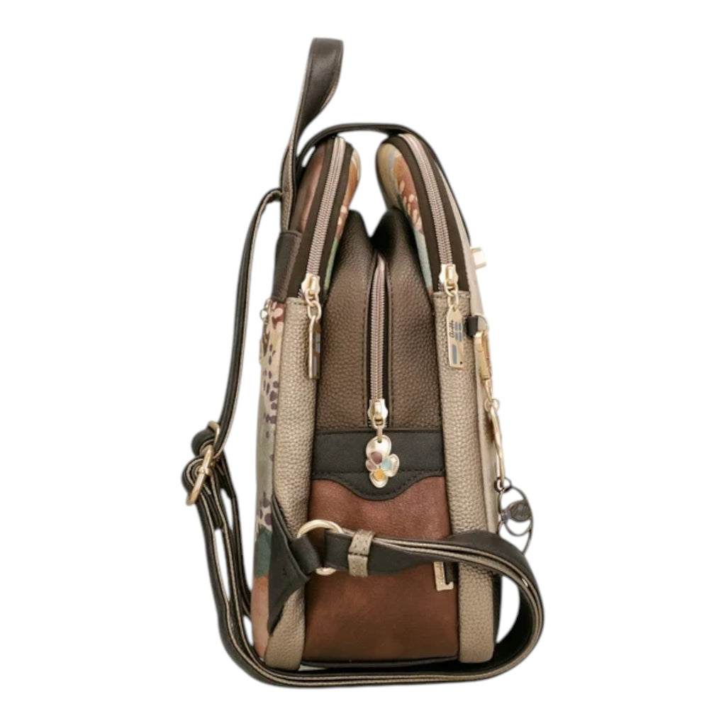 Lieblingstasche backpack in multi-tonal brown and beige faux leather with side view and gold-tone hardware details