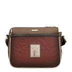 Lieblingstasche cross-body bag in brown and burgundy with a textured geometric pattern and a central girl illustration