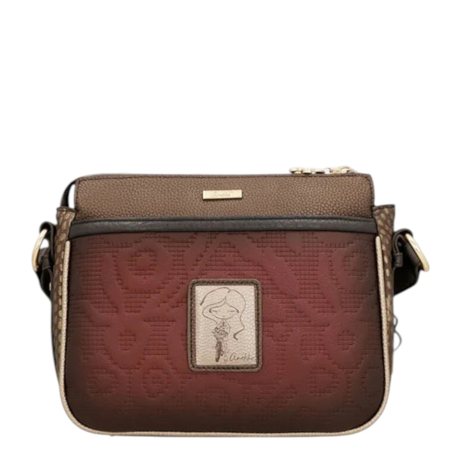 Lieblingstasche cross-body bag in brown and burgundy with a textured geometric pattern and a central girl illustration