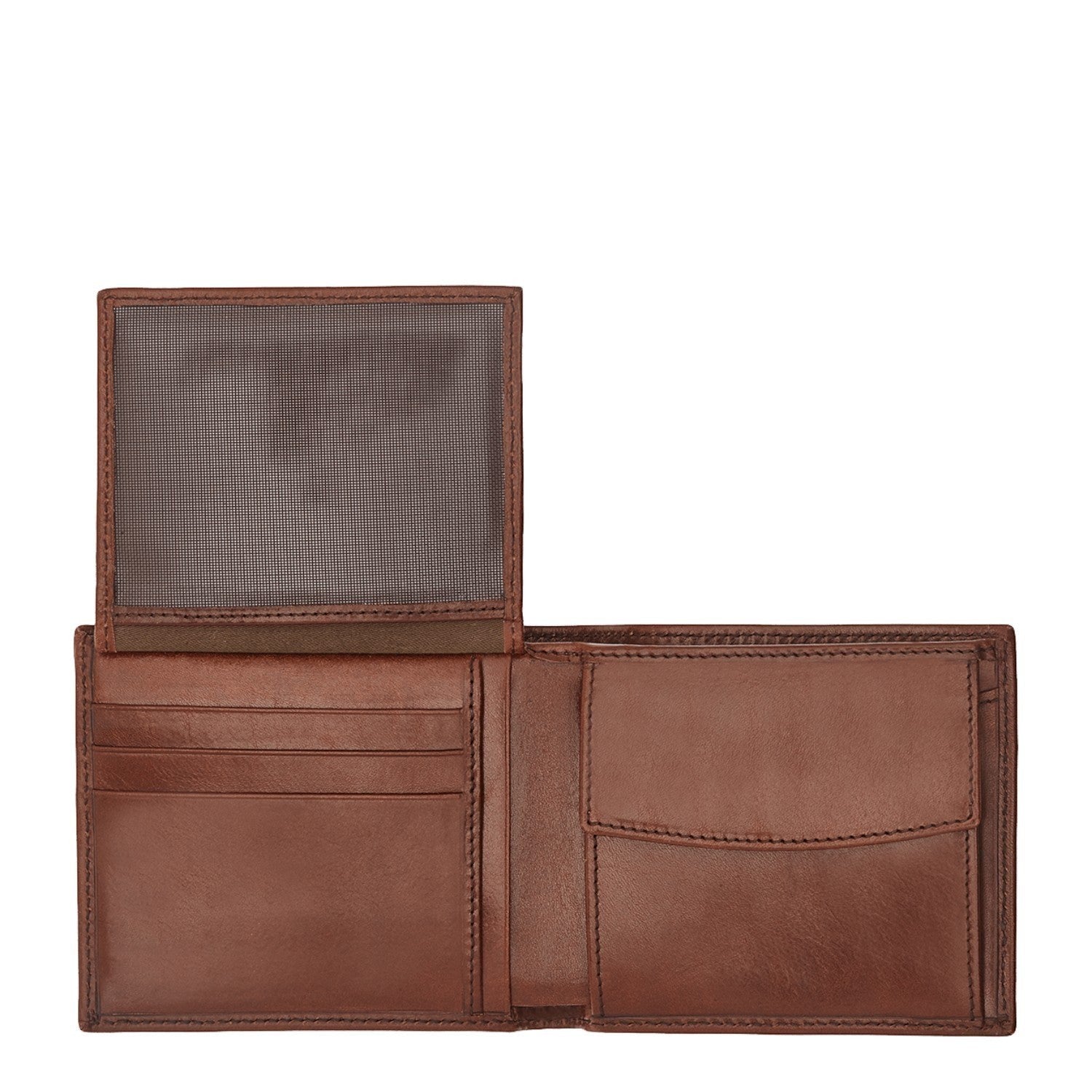 Lieblingstasche brown leather bi-fold wallet with multiple card slots and a clear ID window.