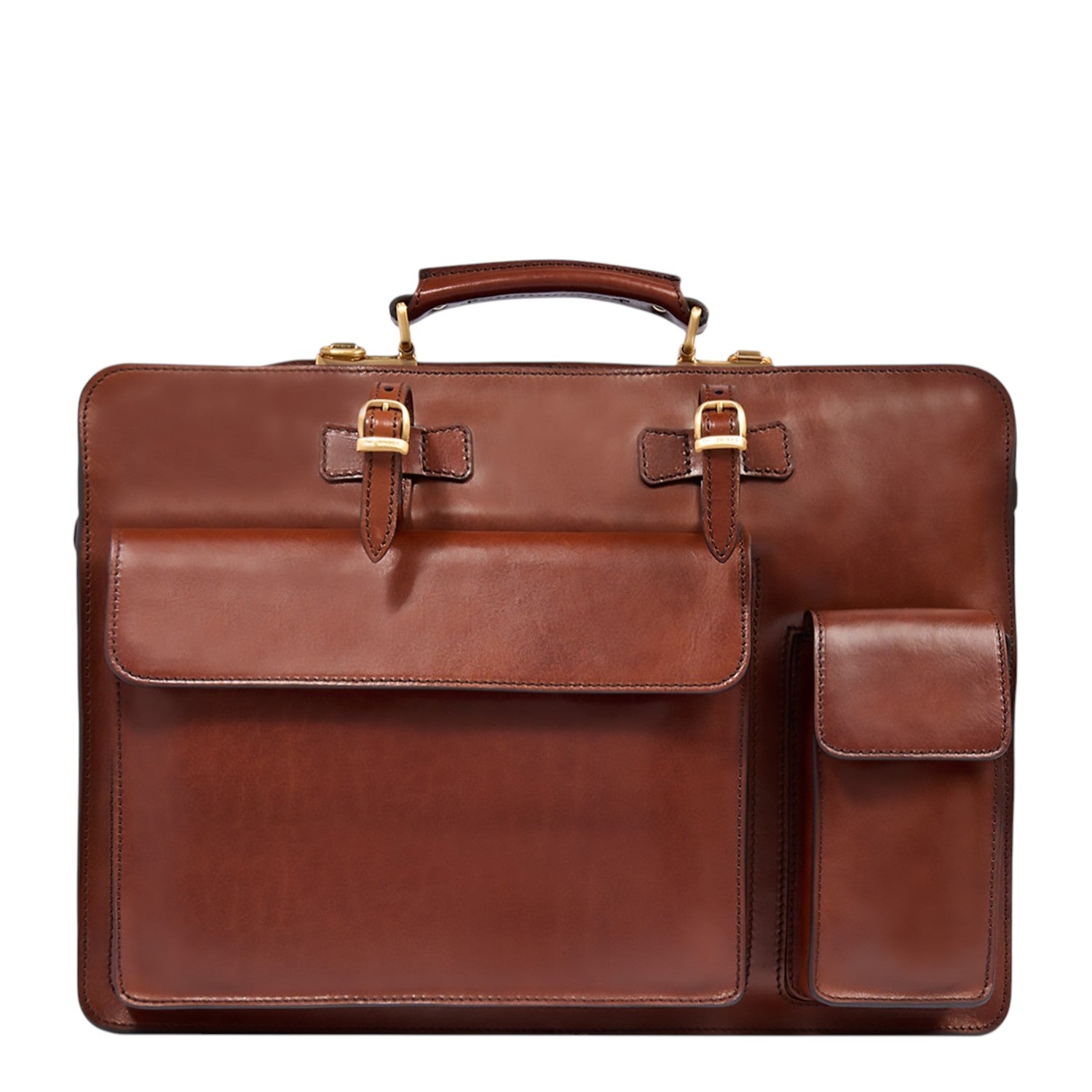 Lieblingstasche brown leather briefcase, 42 cm, with buckle closures and multiple front pockets.