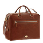 Lieblingstasche brown leather briefcase with top handles, adjustable shoulder strap, and multiple zippered compartments.