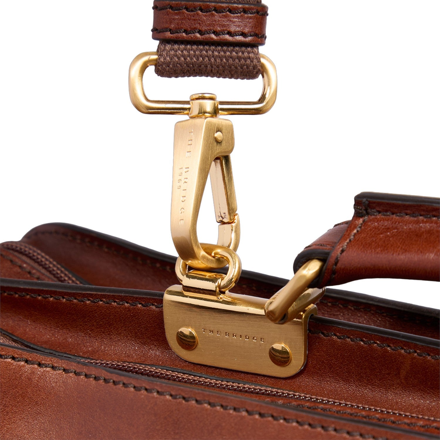 Lieblingstasche brown leather briefcase with gold-tone hardware and embossed logo.