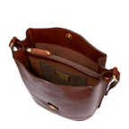 Lieblingstasche brown leather bucket bag with gold hardware and zip closure. Interior features a zip pocket and slip pocket.