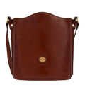 Lieblingstasche brown leather bucket bag with adjustable strap and gold hardware.