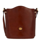 Lieblingstasche brown leather bucket bag with adjustable strap and gold hardware.