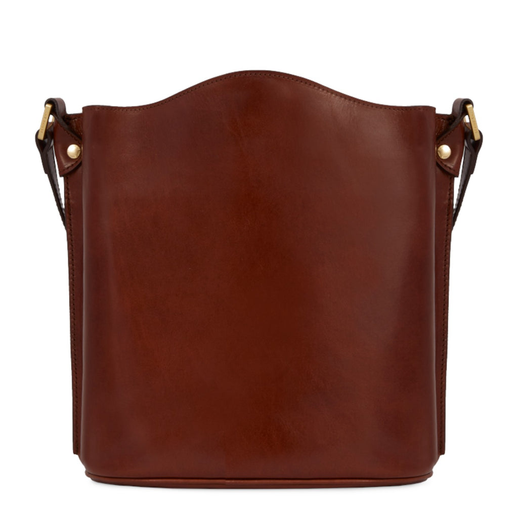 Lieblingstasche brown leather bucket bag with gold hardware and a curved top opening.