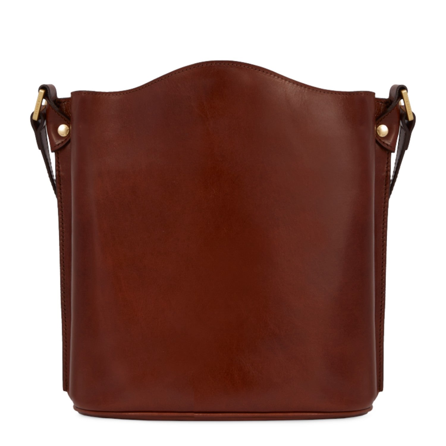 Lieblingstasche brown leather bucket bag with gold hardware and a curved top opening.