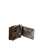Lieblingstasche brown leather card holder with patterned accents, gold zipper, and transparent ID window